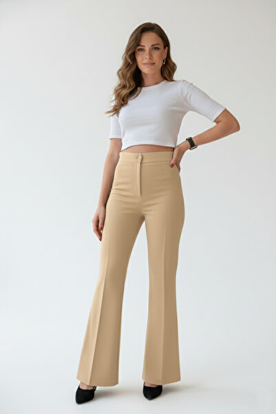Hamiyet Doğan Taş Rengi Yüksek Bel Fermuarlı İspanyol Paça Pantolon