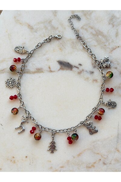 BURÇİN AKSESUAR Gümüş Renk Yılbaşı Temalı Charm Temalı Kolye Çam Ağacı Geyik ...