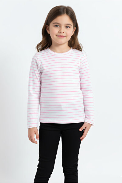 Kyron %100 Pamuk Bisiklet Yaka Çizgili Kız Çocuk Tişört - Beyaz