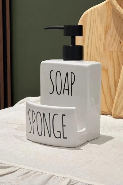 Meturas Banyo Mutfak Sıvı Katı Sabunluk Beyaz Dekoratif Ve Şık Tasarım Mutfak Sabunluğu 10*10*17,5 cm 500 ml