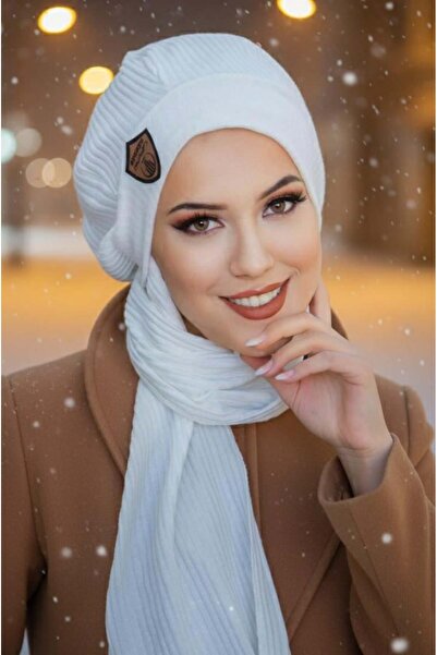 Aişe tesettür Off-White Ribbed Embroidered Hijab Beanie