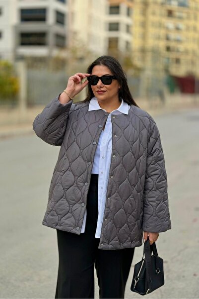 CHUL Kadın Oversize Çıtçıtlı Astarlı Şişme Mont - Füme - Büyük Beden Mont