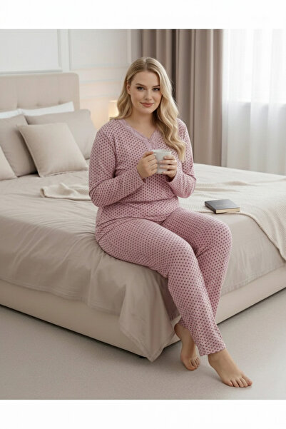 ALACURVE Women's Pink Bamboo Patterned Collar Long Sleeve Plus Size Pajama Set
