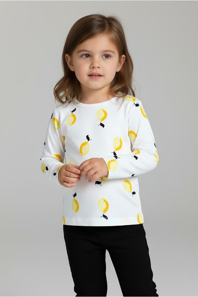 Kyron %100 Pamuk Limon Baskılı Bisiklet Yaka Kız Çocuk Tişört - Beyaz