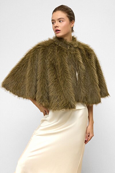 Olcay Kurzer Kunstpelz-Poncho KHAKI 1013