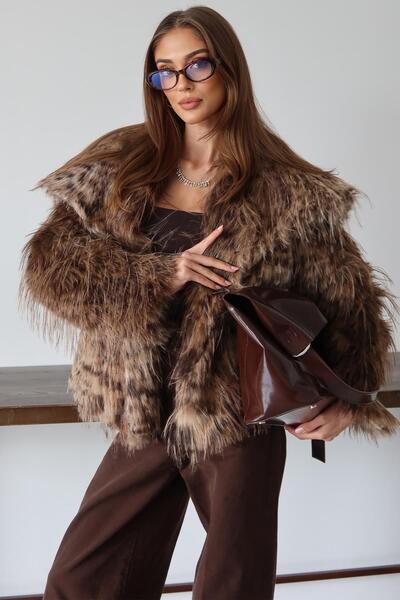 Olcay Handkerchief Collar Fringed Leopard Pattern Faux Fur Coat Kamel 1017