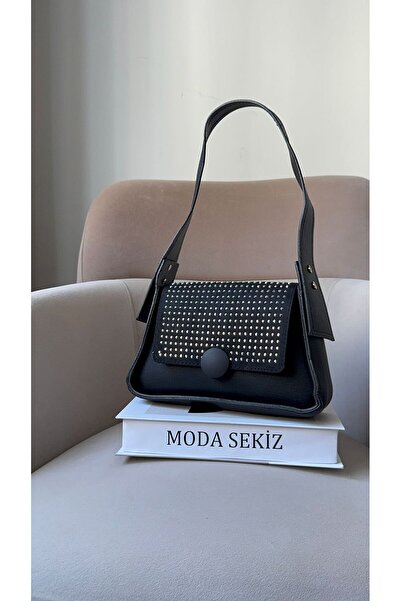 Moda Sekiz Kadın Siyah Taşlı Gece Ve Gündüz Omuz Çantası