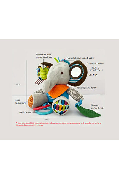 TEONA CONCEPT Elefant din plus interactiv, educativ, cu texturi senzoriale pentru bebelusi