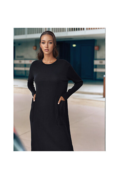 Cotton Mood 9361437 فستان طويل سميك بـ قماش مجدّل جيوب حياكة مضلعة باللون الأسود