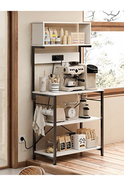 Venpara رف تخزين متعدد الوظائف للمطبخ، ركن قهوة مع منفذ طاقة وUSB، 10 خطافات على شكل حرف S