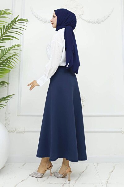 TRENDTESETTÜR Women's Dark Blue Scuba Knitted A-Legged Skirt t 212