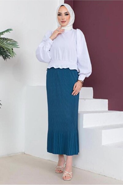 TRENDTESETTÜR KADIN LACİVERT (İNDİGO) BELİ LASTİKLİ PİLİSELİ ETEK T 502