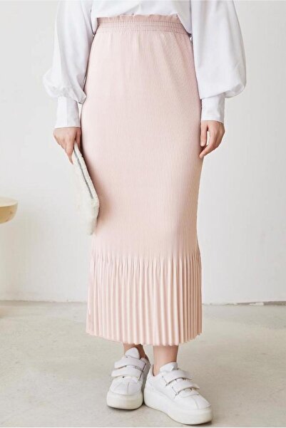 TRENDTESETTÜR WOMEN'S BEIGE (STONE) ELASTIC WAIST PLEATED SKIRT T 502