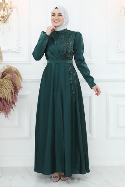TRENDTESETTÜR فستان سهرة نسائي أخضر (ختم) مزين بالأحجار T 8553