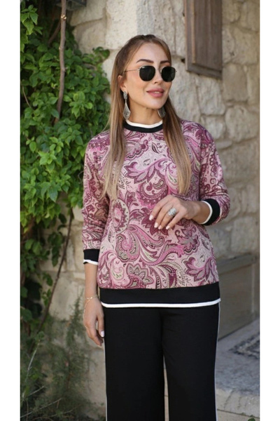 ARONA Mdb Women's Long Sleeve Crew Neck Patterned Two Thread Blouse and Viscose Two Thread Pants Two Piece Set