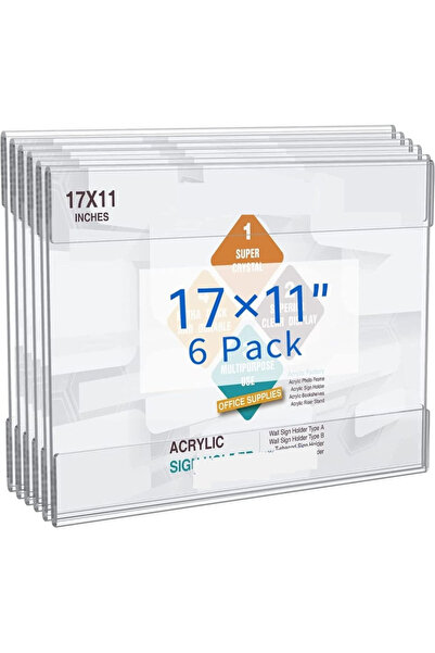 Slasa حامل لافتات أكريليك مثبت على الحائط (11 × 17 بوصة) 6 قطع من إطارات العرض الشفافة الأفقية