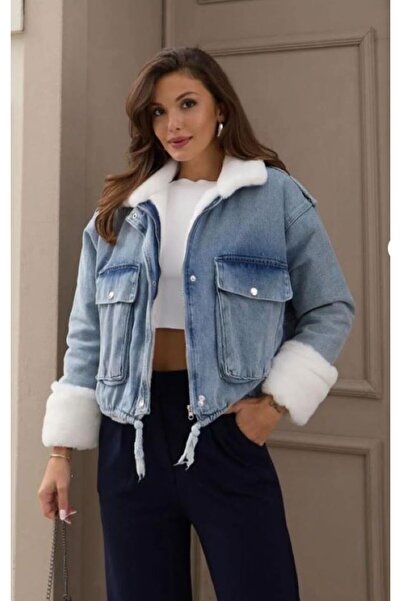 Mevalina Γυναικεία τζιν τζιν μπουφάν με λευκή γούνα