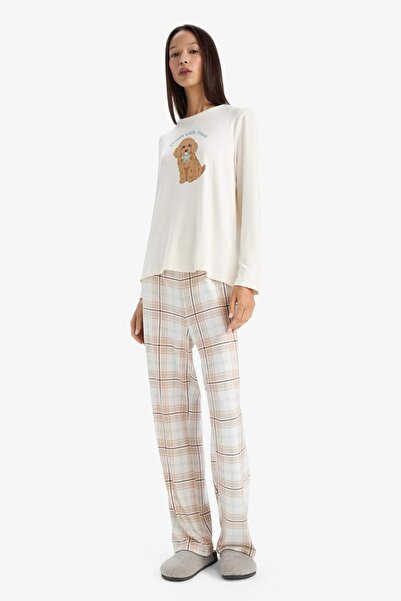 DeFacto Σετ πιτζάμες Regular Fit με τύπωμα Μακρυμάνικο μπλουζάκι με καρό μακρύ πάτο-Fall in Love G1353AX25AU