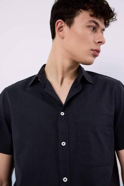 DeFacto 100% Cotton Regular Fit Summer Polo Collar Linen Look Short Sleeve Shirt D7551Ax25Sp