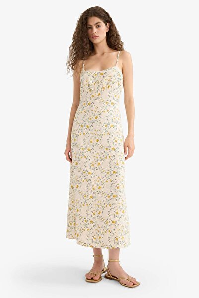 DeFacto Μίντι φόρεμα με λουλουδάτο λινό με λουράκια F4098AX25SM