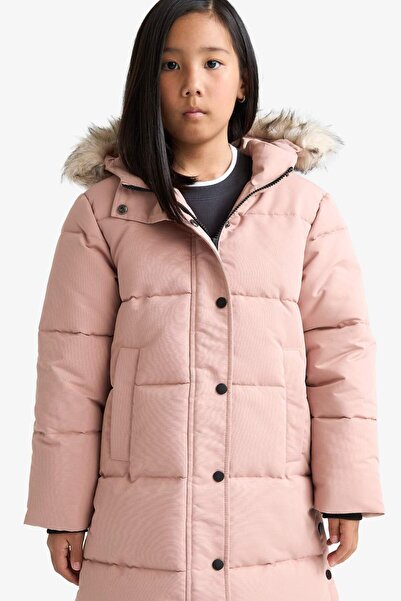 DeFacto Κοριτσίστικο παλτό με κουκούλα και αποσπώμενη κουκούλα από ψεύτικη γούνα Rose C8755a8/br476