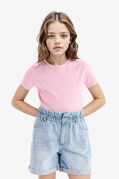 DeFacto Dívčí tričko Slim Fit Slim Fit s vroubkovaným výstřihem Basic Plain Krátký rukáv B3054A825SM