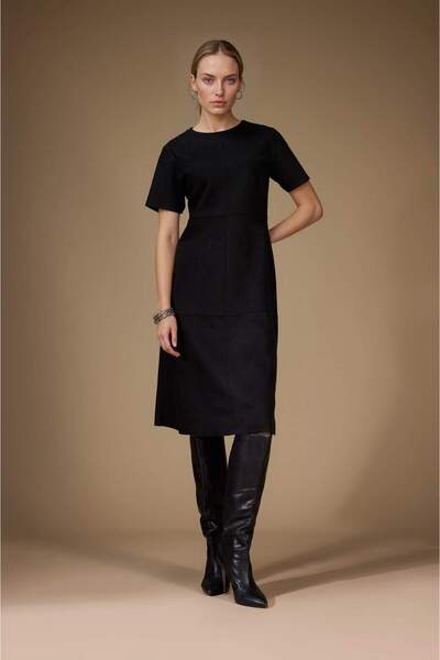 DeFacto A-Line рокля с кръгла яка, къс ръкав и дължина до коляното, от велур G1130AX25WN