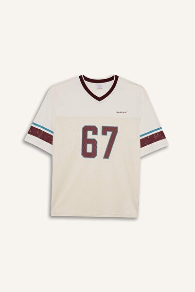 DeFacto Boxy Fit V Neck Printed Short Sleeve T-Shirt F8356Ax25Hs