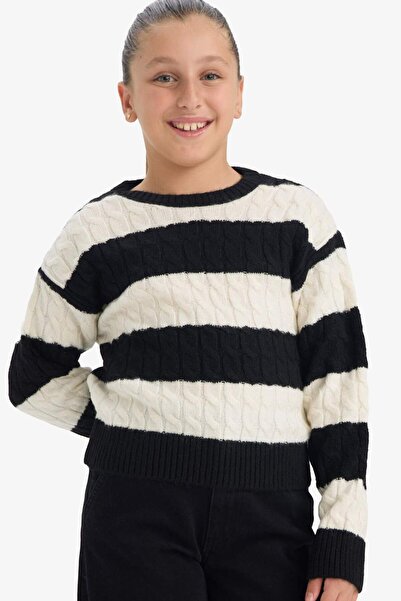 DeFacto Pulover tricotat cu dungi pentru fete guler rotund F2749A825WN