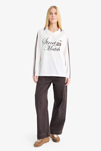 DeFacto Coool Oversize-T-Shirt mit weitem Schnitt und Polokragen und langen Ärmeln F8751AX25AU