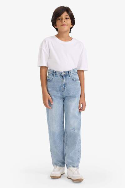 DeFacto Pantaloni de blugi pentru băieți, cu tăietură largi, cu detaliu rupt, cu picior drept G3069A825WN