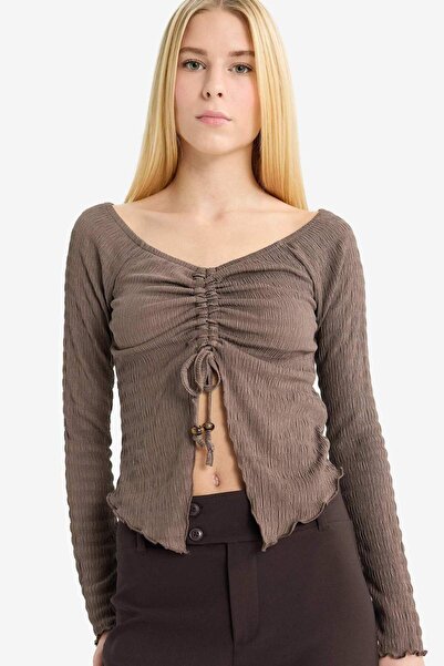 DeFacto Coool Flare Fit Wrinkle Front Tie-Up Long Sleeve Blouse G3007Ax25Wn