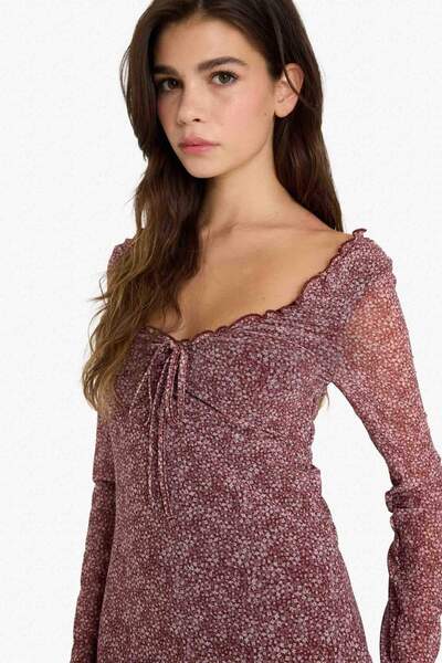 DeFacto Coool V-Neck Floral Tulle Long Sleeve Mini Dress F8195Ax25Sm