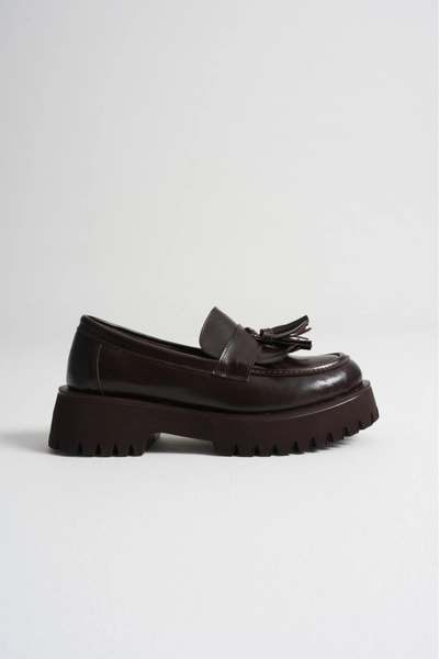 Miss Mitto Жіночі кавові штучні шкіряні елегантні туфлі-лофери з товстою підошвою та пишними бахромами