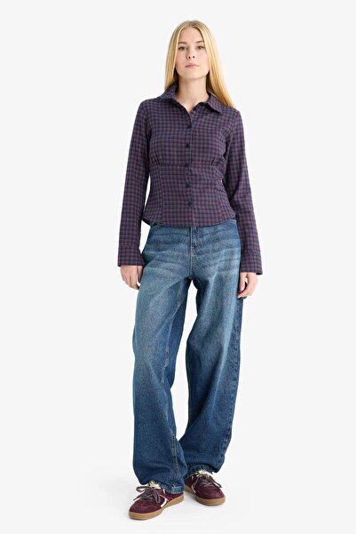 DeFacto Coool Fitted Textured Long Sleeve Checkered Shirt G3035Ax25Wn