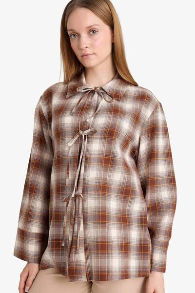 DeFacto Regular Fit Dama Patterned Flannel Front Tie Long Sleeve Tunic G1382Ax25Wn
