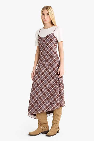 DeFacto Coool V-Neck Checked Tulle Strap Midi Dress F7971Ax25Au