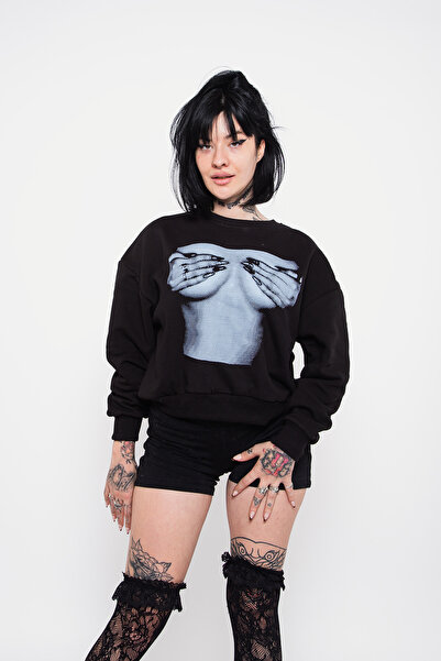 Sokak Butik Hanorac negru pentru femei Silhouette Boobs V2 imprimat fără glugă, cu potrivire relaxată