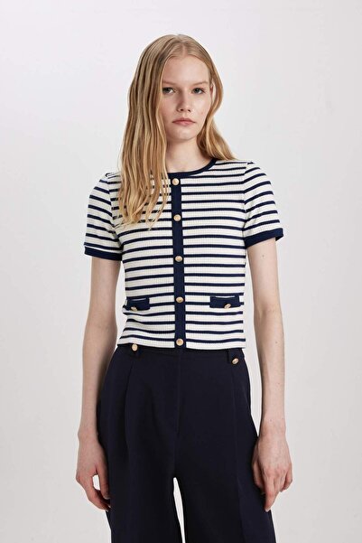 DeFacto Slim Fit vékony szabású, nyakú, csíkos bordás camisole rövid ujjú póló C2566AX24SP