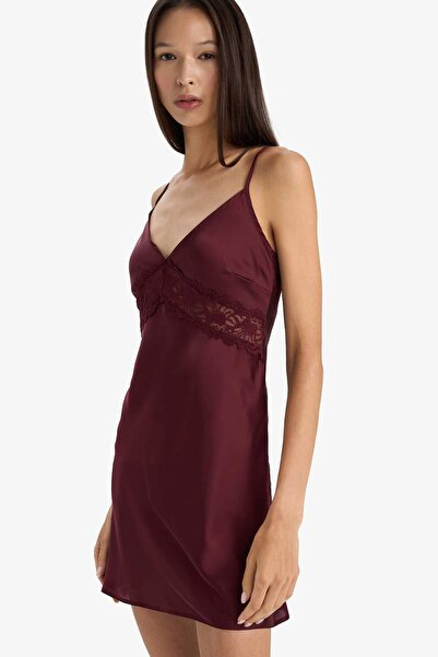 DeFacto Regular Fit V Neck Satin Strap Nightgown-Fall in Love G1669Ax25Au