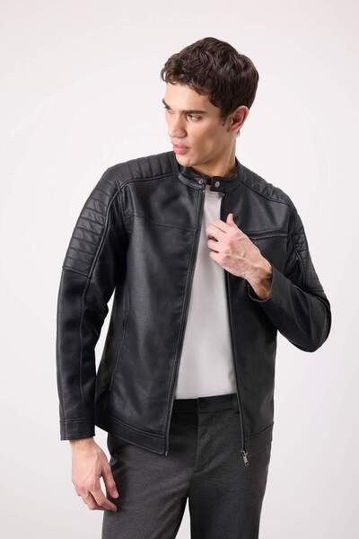 DeFacto Αδιάβροχο παλτό από συνθετικό δέρμα με φερμουάρ Slim Fit - Stand Collar D6241ax25sp