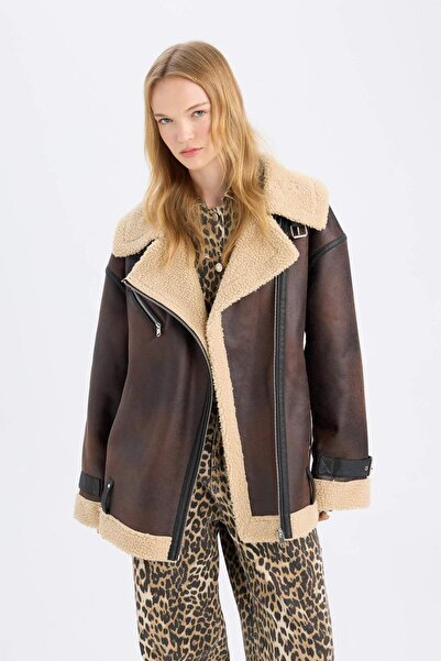 DeFacto Relax Fit plyšový kabát s podšívkou Dvouřadý límec se zipem a páskem C9465AX24WN