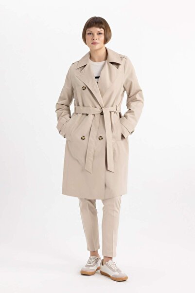 DeFacto Vodoodpudivý sezónní trenčkot Dvojřadý límeček Knoflík Kapsa Pásek Vizitky A0593AX24SP