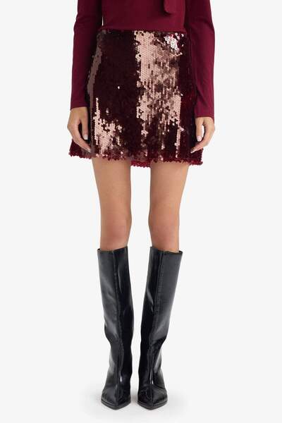 DeFacto New Year's Themed Fitted Regular Waist Lined Sequined Fabric Mini Skirt G4321Ax25Au