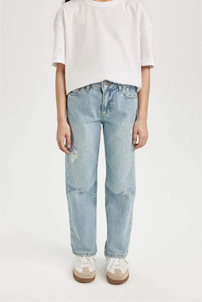 DeFacto Pantaloni de blugi pentru fete, cu picioare drepte, rupte, cu buzunare D3370A824WN