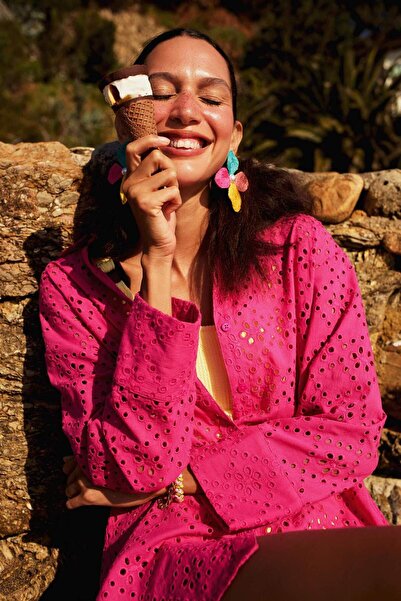 DeFacto Fall in Love Βαμβακερό κεντημένο ροζ πουκάμισο παραλίας C0506AX24SM