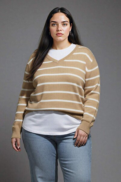 DeFacto Πλεκτό πουλόβερ με απαλή υφή V-λαιμόκοψη ριγέ Relax Fit - A2359ax24wn