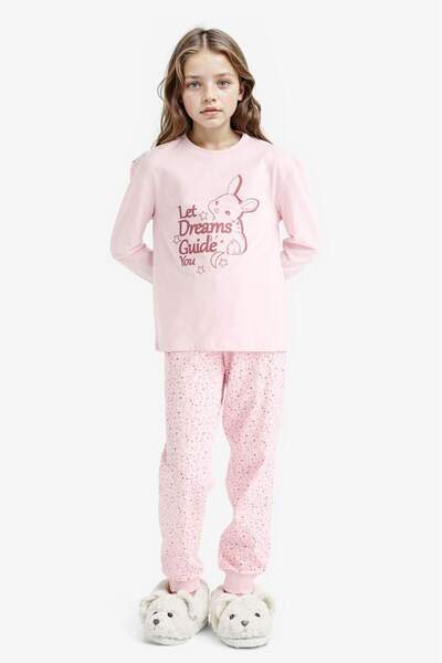 DeFacto Pyjama-Set für Mädchen, bedrucktes Oberteil mit langen Ärmeln, gemustertes langes Unterteil F6215A825WN