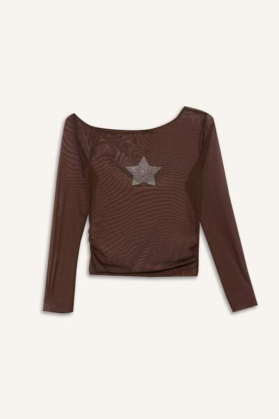 DeFacto Coool Fitted Crew Neck One Shoulder Tulle Long Sleeve T-Shirt G2924Ax25Wn