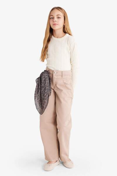 DeFacto Παντελόνι για κορίτσια με φαρδιά εφαρμογή λεοπάρ με λεπτομέρεια από γαμπαρντίνα G3696A825WN